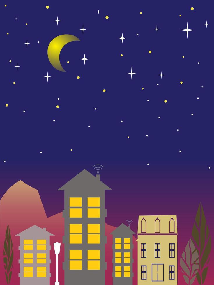 Night cityscape with houses and buildings, starry sky vector