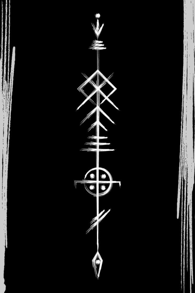 Odin spear, symbol of the sacred Celtic arrow. Gungnir Norse God Odin, Viking sign pagan. Magical mythology, white hand drawn, Brush drawing style isolated on black background vector