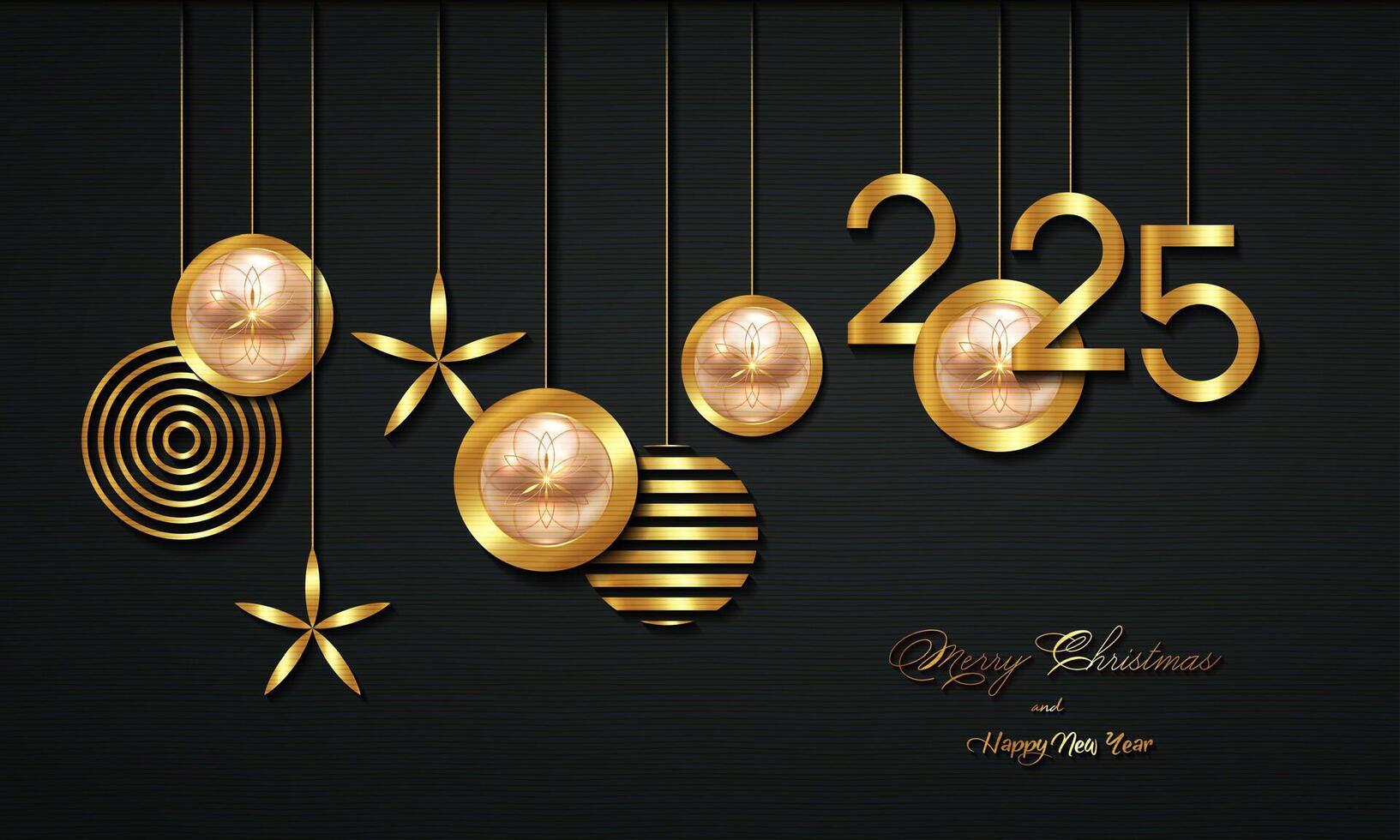 Christmas luxury holiday banner with gold handwritten Merry Christmas and 2025 Happy New Year greetings and gold colored Christmas balls. illustration isolated on black background vector