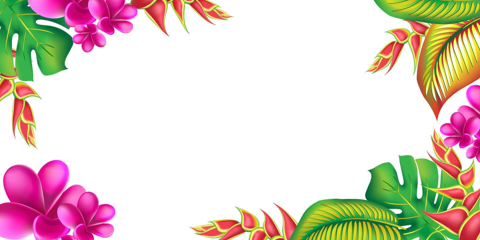 jungle flower,leaves tropic banner design. Palm leaf, monstera, pink plumeria flower,hibiscus blossom, exotic tropical summer flowers and leaves. vector