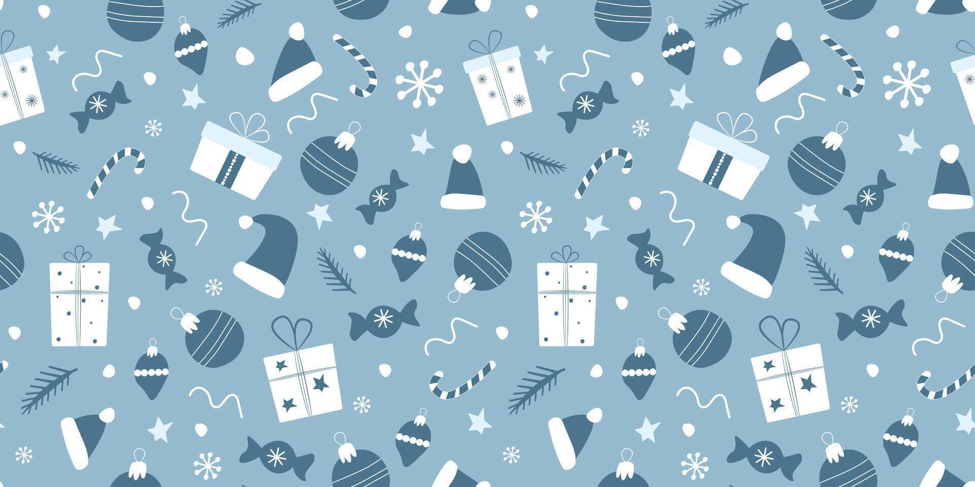 Seamless pattern with festive winter ornament with gifts, Christmas balls, snowflakes. vector