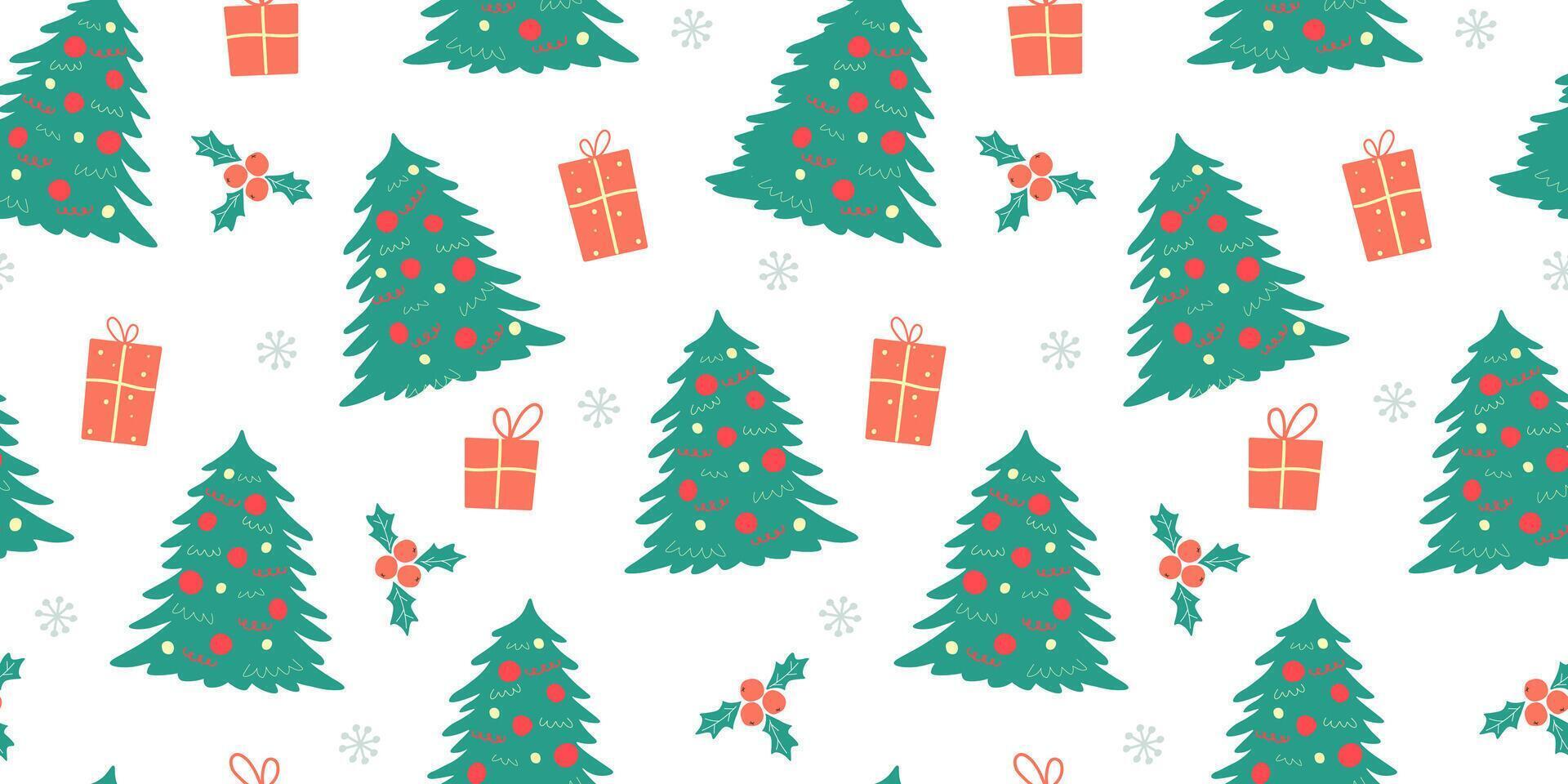 Seamless pattern with a festive Christmas tree with toys, gifts and snowflakes. Winter abstract print. vector
