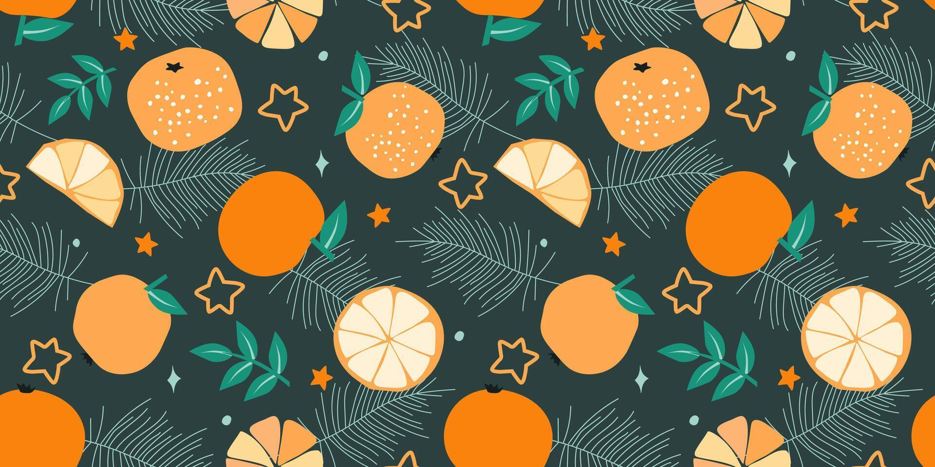 Seamless pattern with fruits, oranges, tangerines on a background of spruce branches, snowflakes and stars. Cozy winter edible print. vector