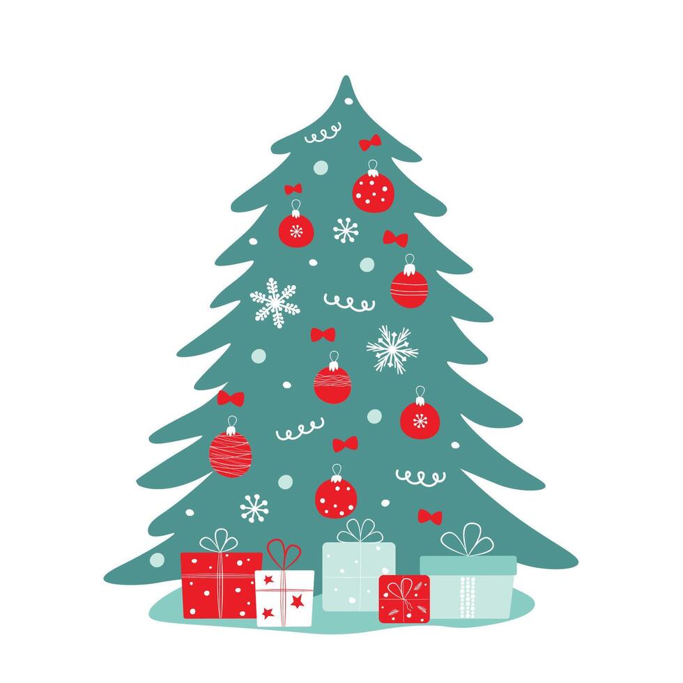 A Christmas tree decorated with toys and snowflakes with gifts under it. Festive winter picture. vector