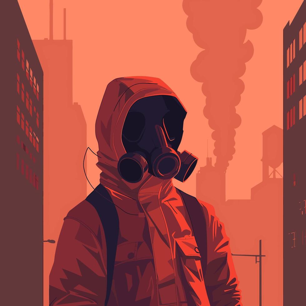 Person wearing a gas mask in a polluted city vector