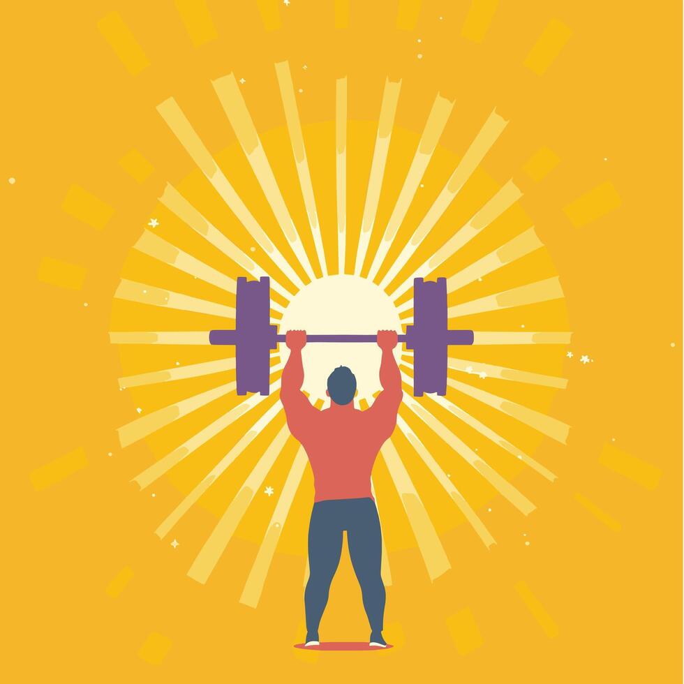 Person lifting barbell with sun rays vector
