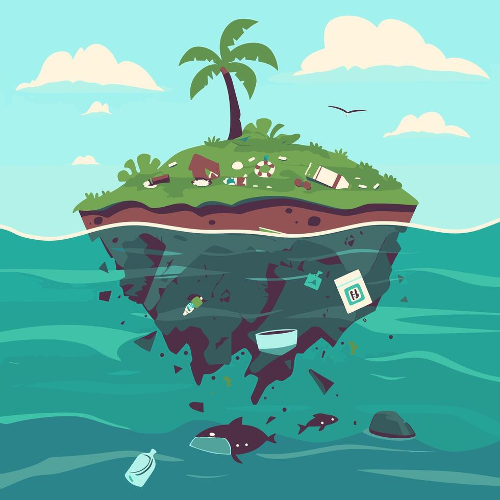 Trash island floating in the ocean vector