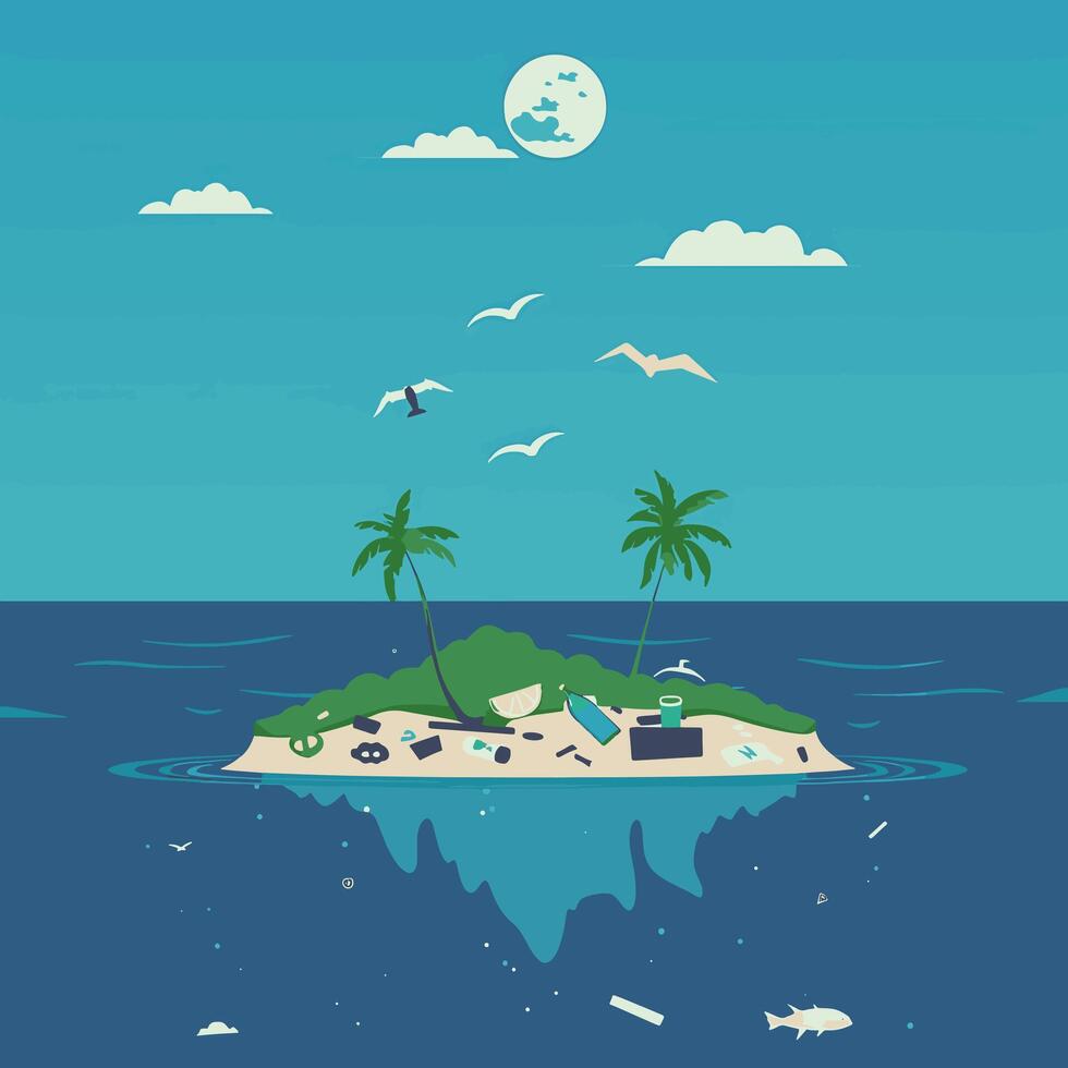 Trash island floating in the ocean vector