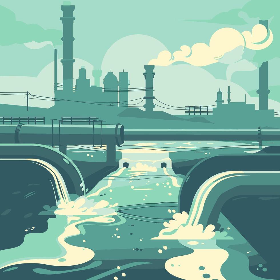 Industrial pipes leaking chemicals into a river vector