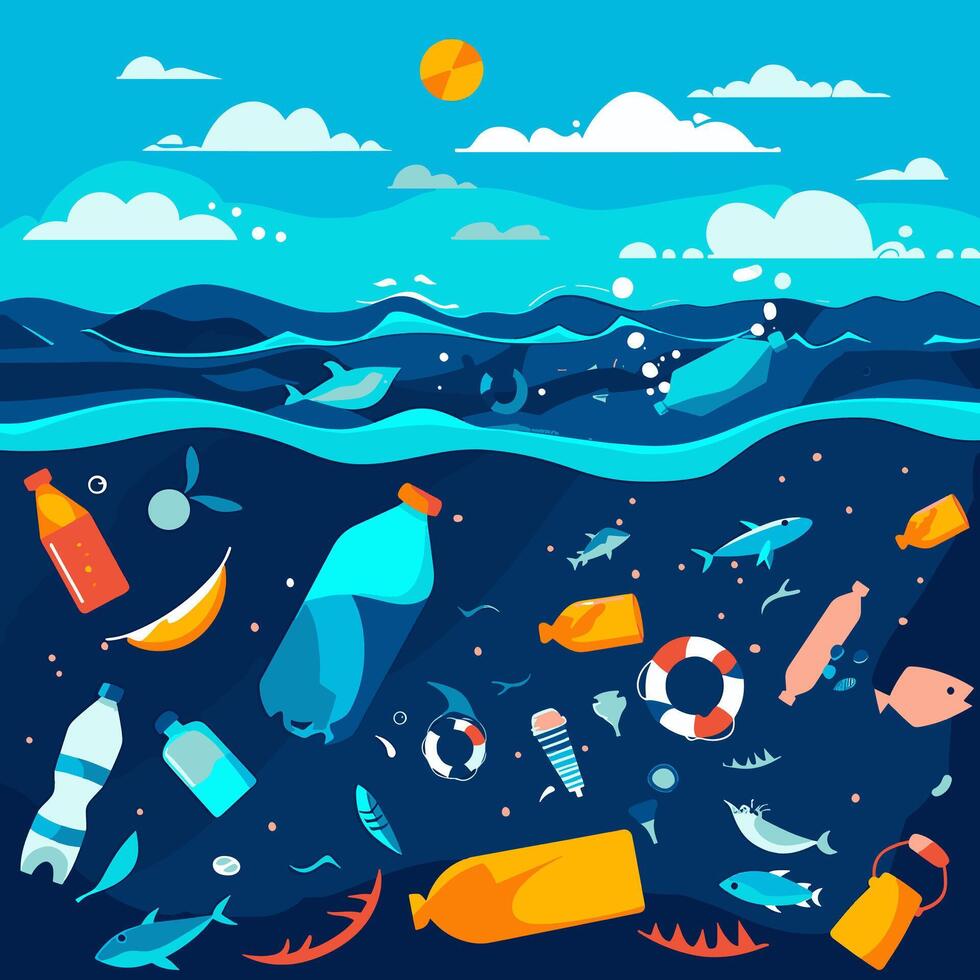 Ocean filled with plastic waste vector