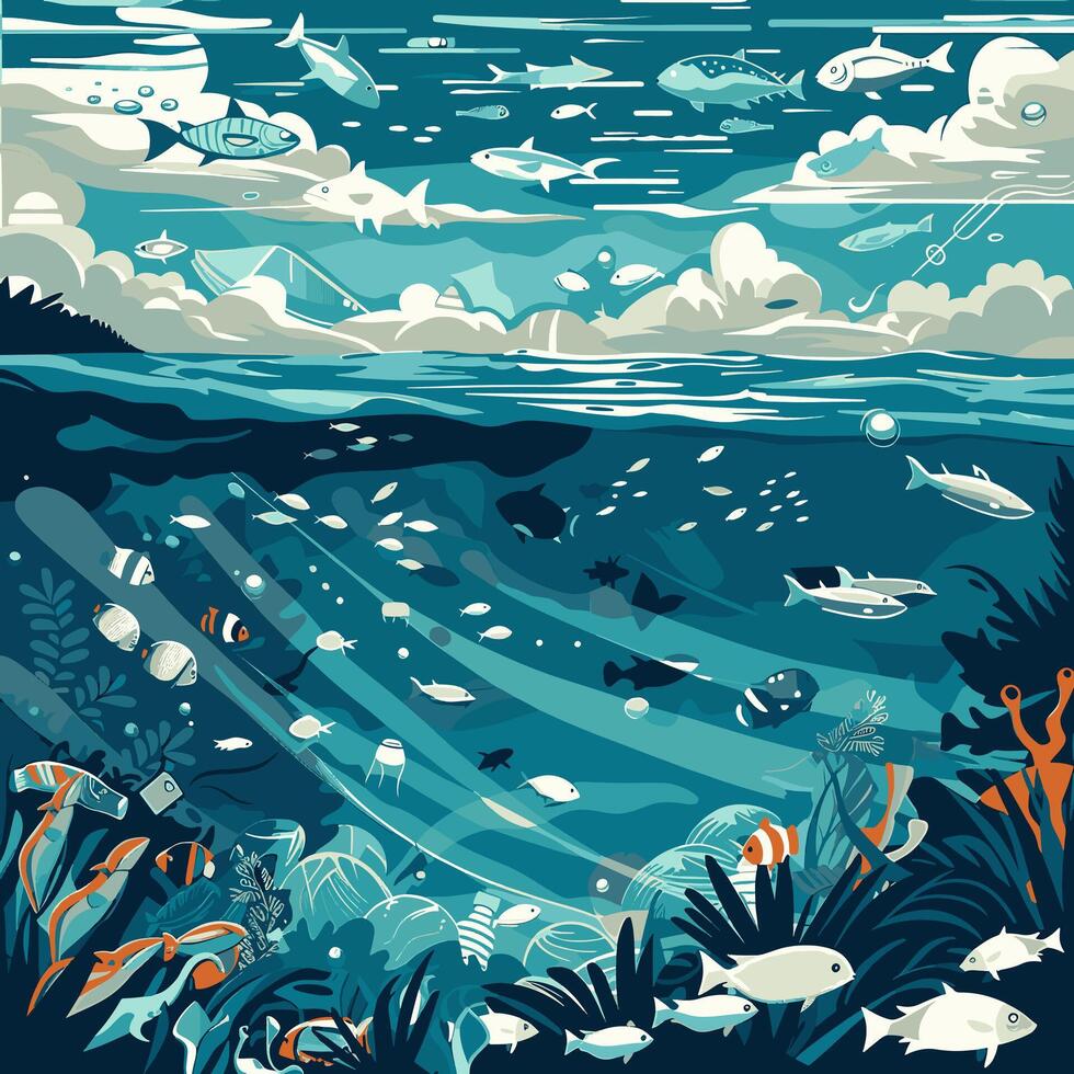Ocean filled with plastic waste vector