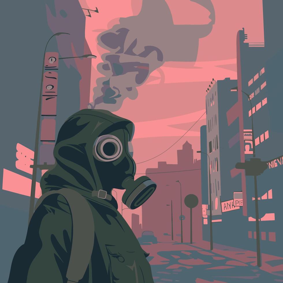 Person wearing a gas mask in a polluted city vector