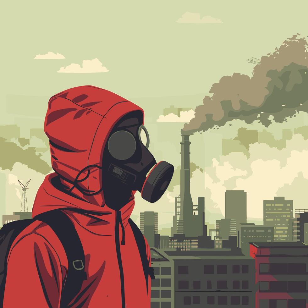 Person wearing a gas mask in a polluted city vector