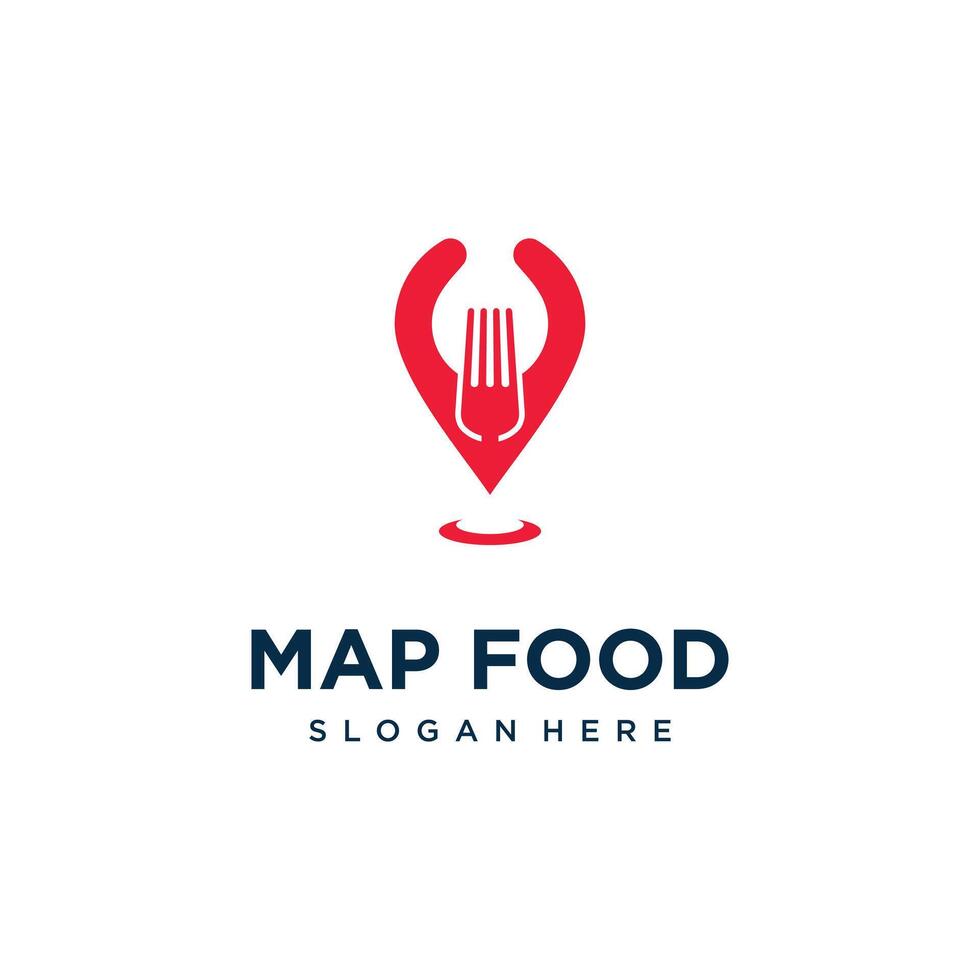 Food pin location logo design with fork creative unique concept Premium vector