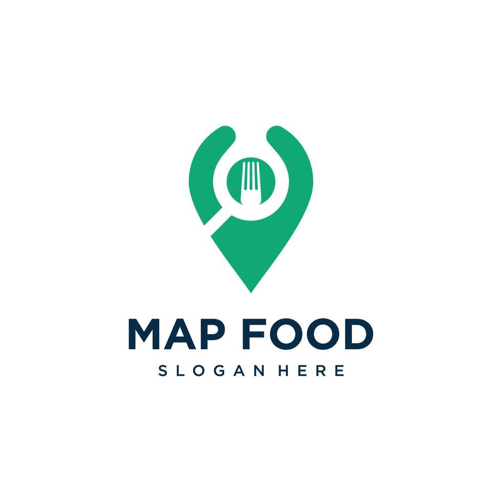 Food pin location logo design with fork creative unique concept Premium vector
