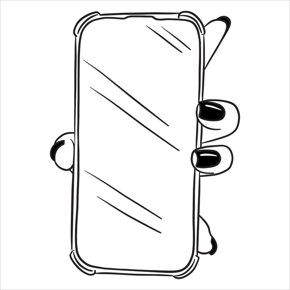 Female hand holding a phone with the screen forward. Illustration on a white background in line style. vector