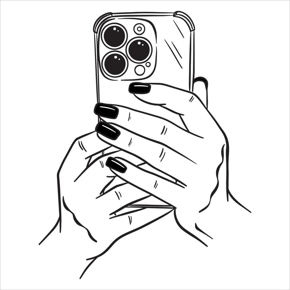 Female hands holding a phone. Taking a photo or looking at the screen. Illustration on a white background in line style. vector