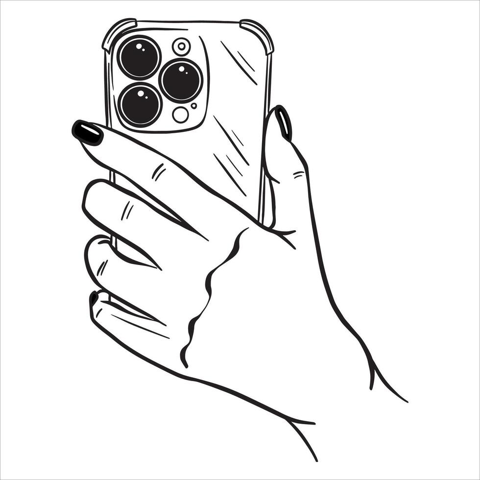 Female hand holding a phone. Taking a photo or looking at the screen. Illustration on a white background in line style. vector