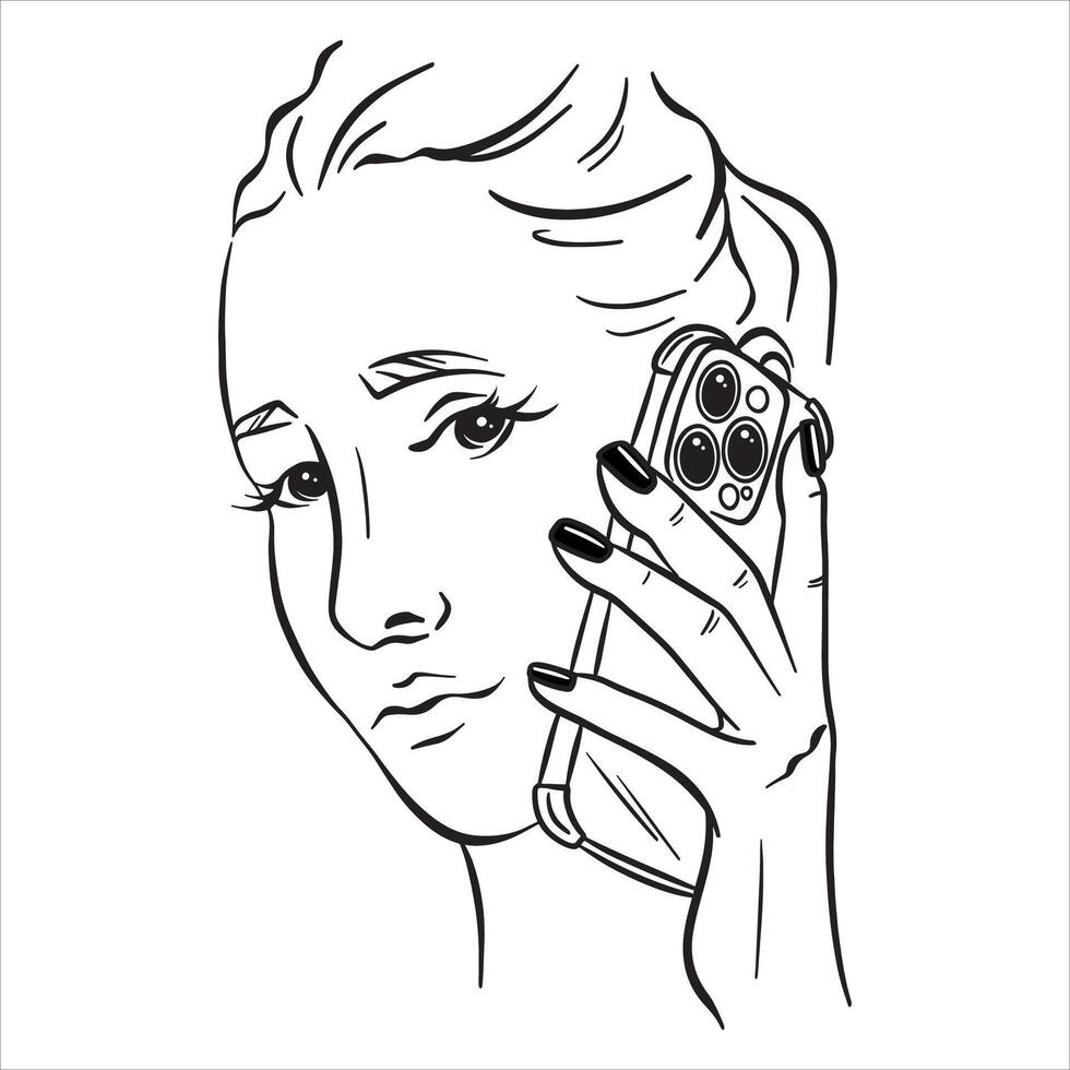 Girl talking on the phone. Portrait. illustration on a white background in line style. vector