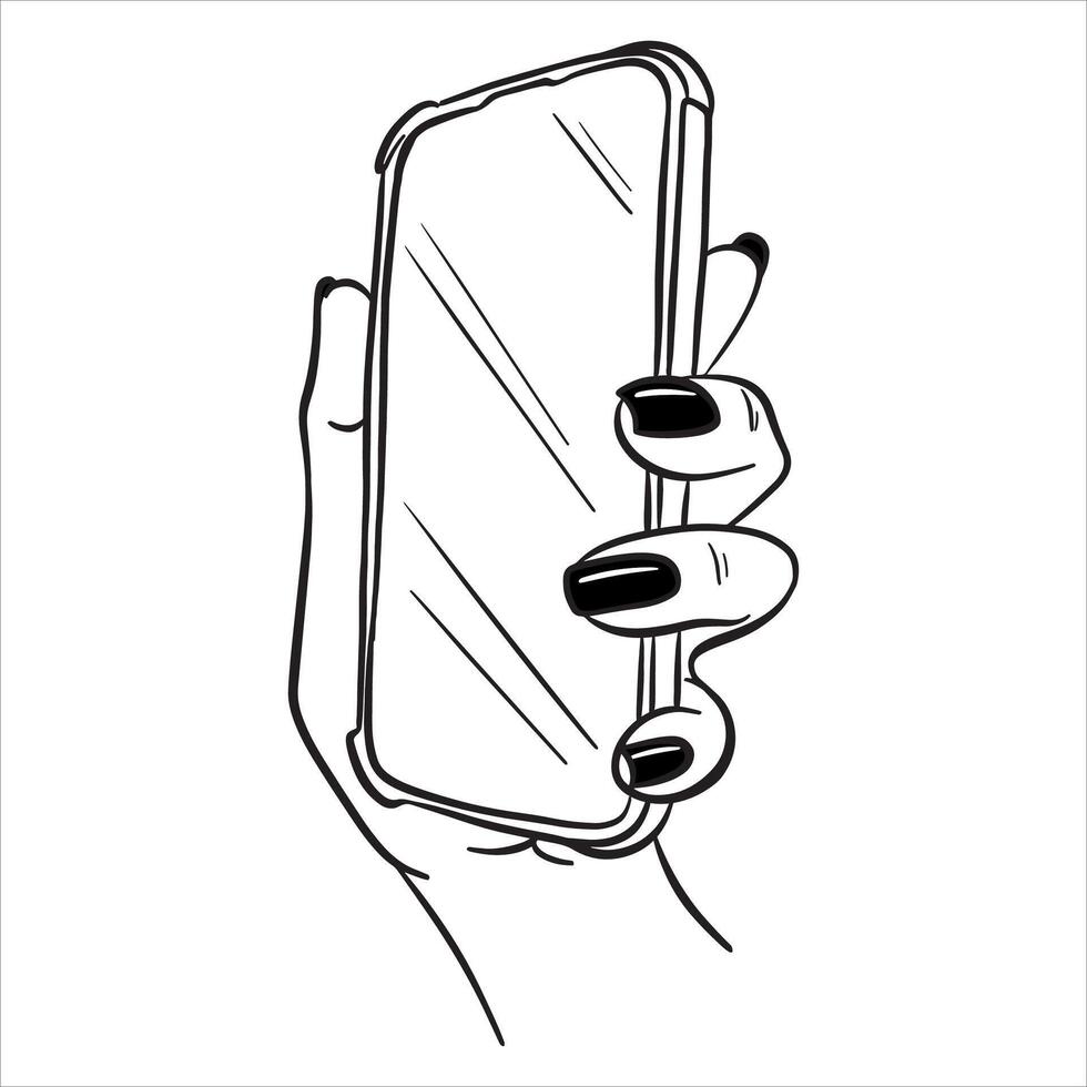 Female hand holding a phone with the screen forward. Illustration on a white background in line style. vector