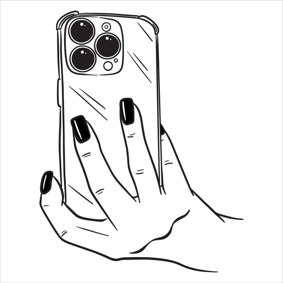 Female hand holding a phone. Taking a photo or looking at the screen. Illustration on a white background in line style. vector
