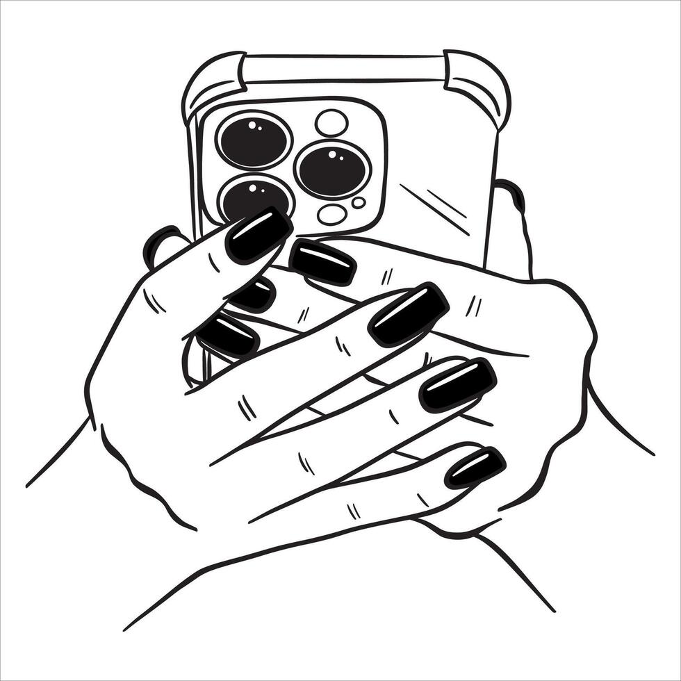 Female hands hold the phone to comfortably look at the screen. Illustration on a white background in line style. vector
