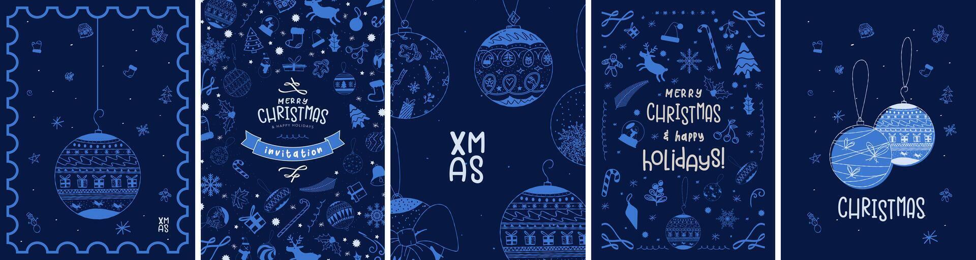 Cute Blue and White Christmas Poster Greeting Card Set. Illustrated Christmas ornament decorations with big patterned hanging xmas ball. Christmas poster template layouts. Winter Holiday designs. vector