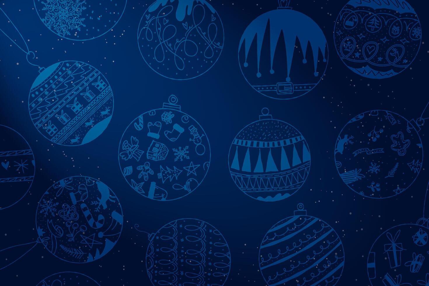 Christmas Wallpaper Banner design in monochromatic gradient blue design with hand drawn Christmas ball ornaments. Elegant and cute xmas banner. Pattern of doddle christmas decorations. vector