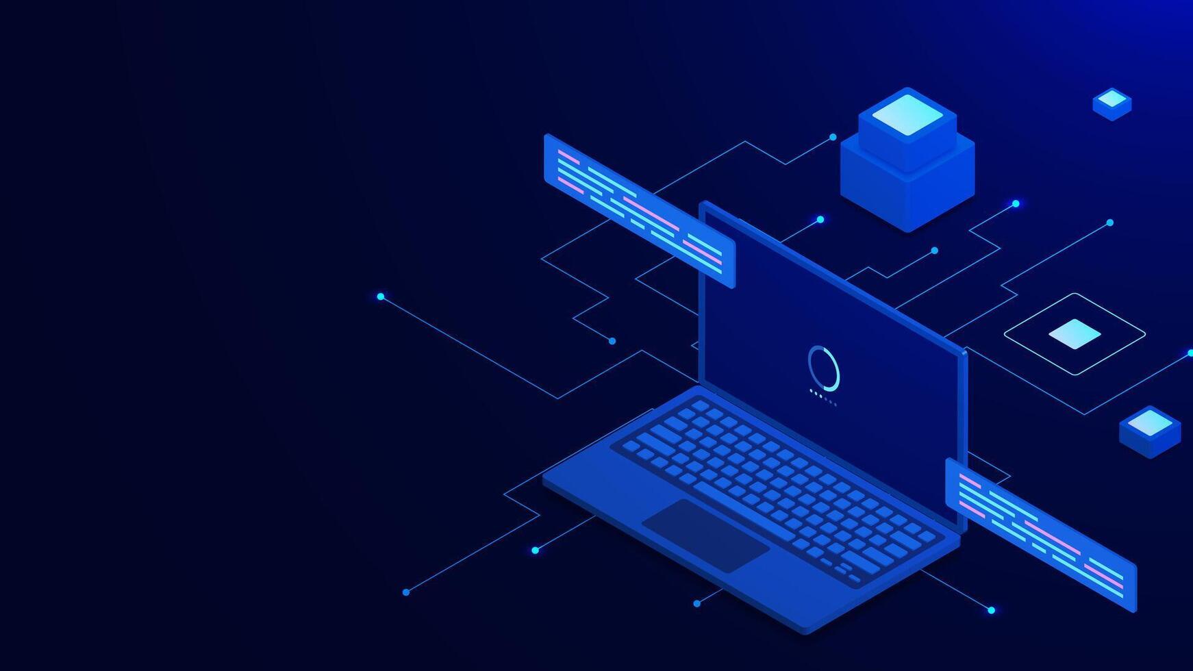 Big data processing with laptop and server isometric. Data flow, data storage and transfer of user data to server vector