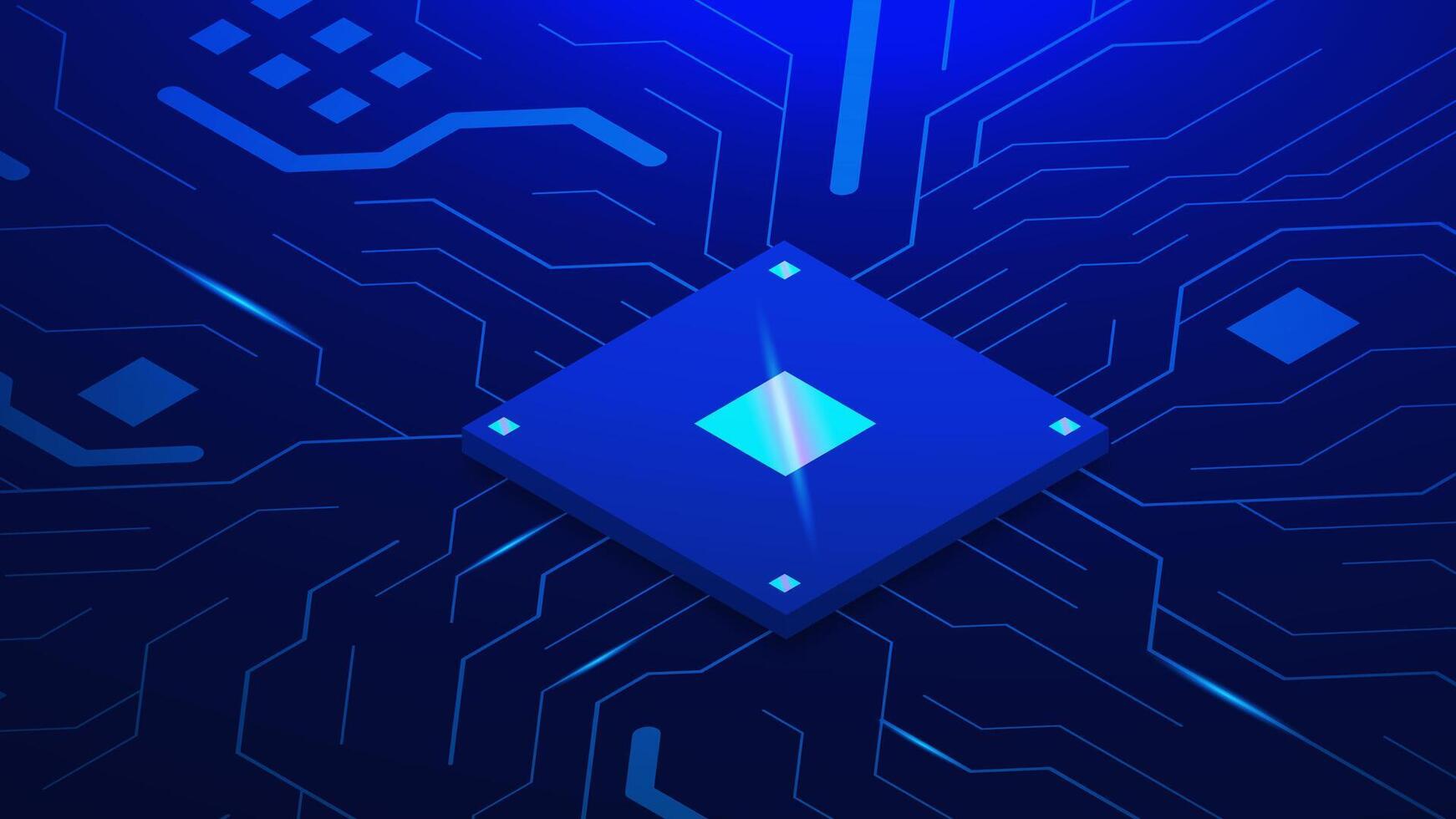 Circuit board with microchip or central computer CPU. Glowing AI chip for modern digital technology background. vector