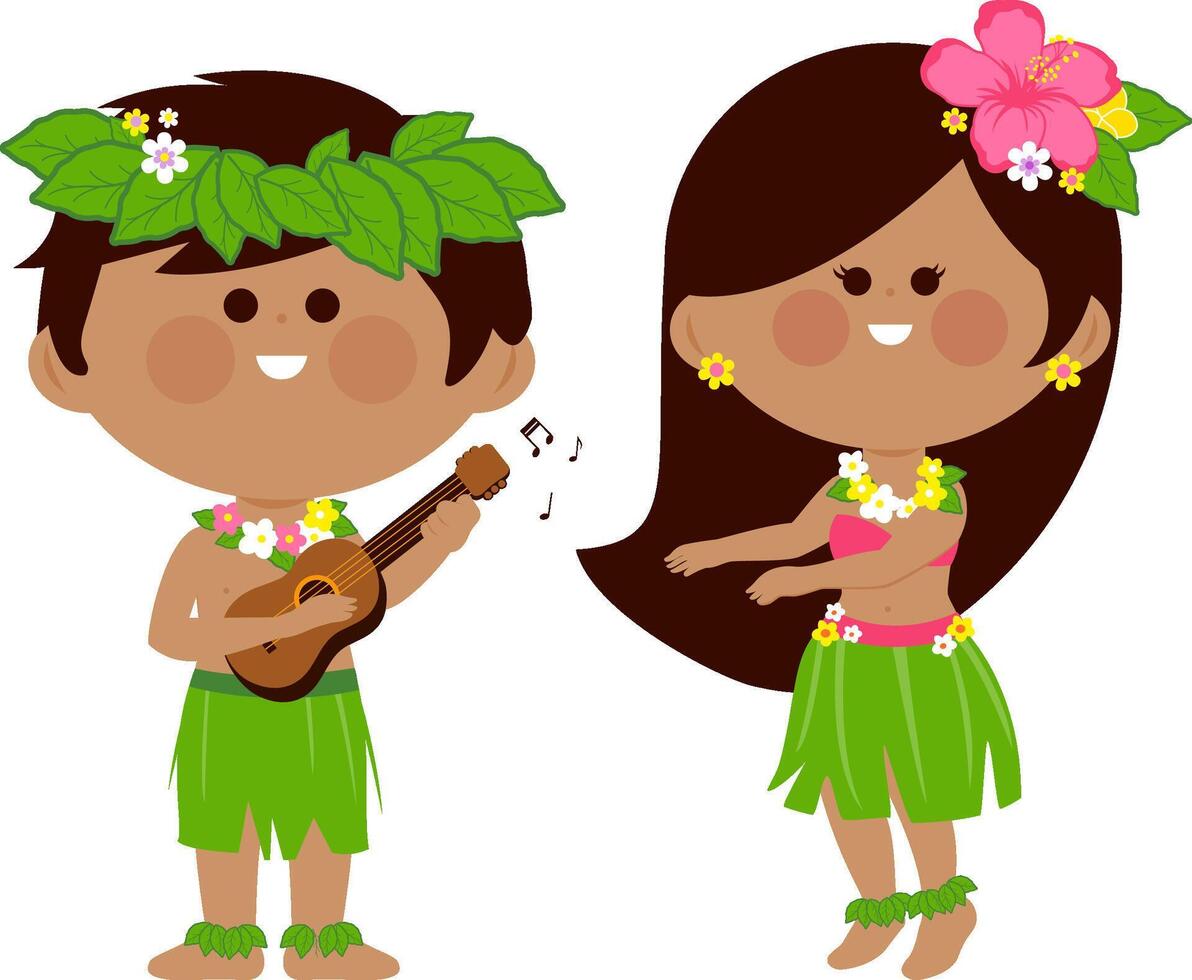 Summer Luau party and Hawaii hula dancers. A Hawaiian boy playing music with his guitar and a Hawaiian hula dancer girl dancing. vector