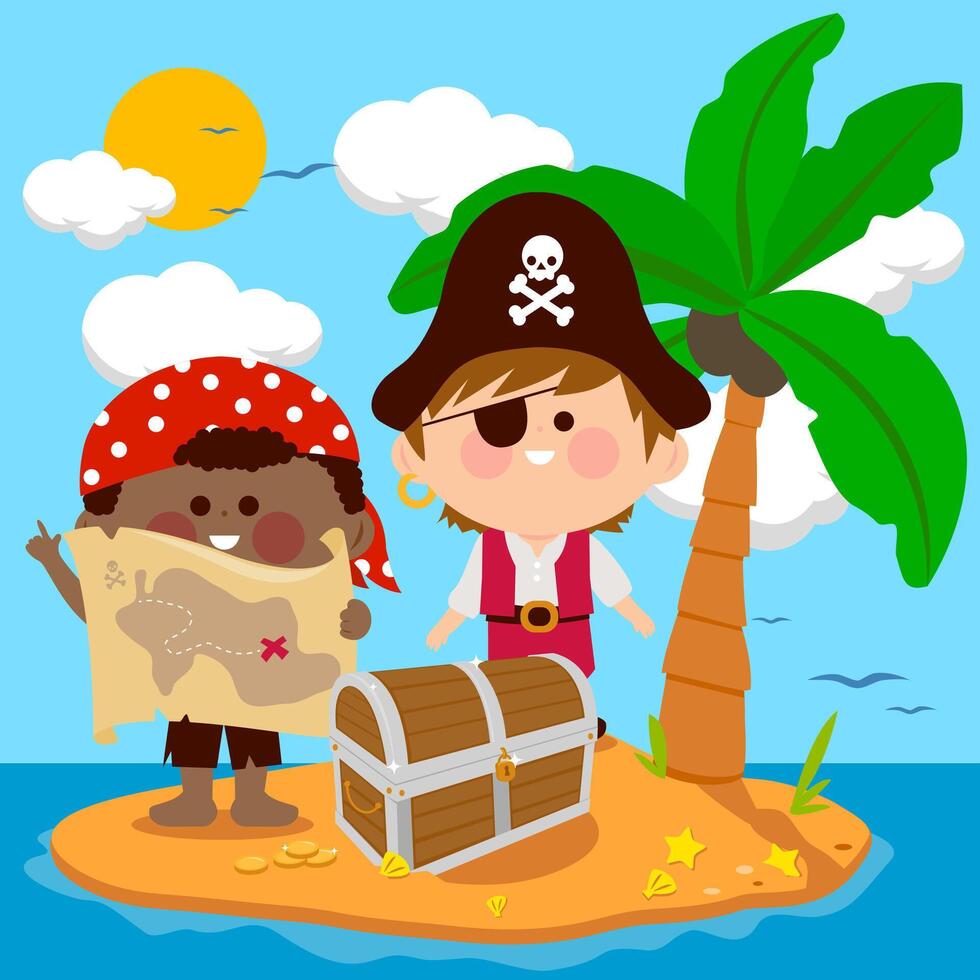 Children pirates at the beach finding a chest filled with treasure on an island in the sea. Pirate children, boys in pirate costumes and treasure map. vector