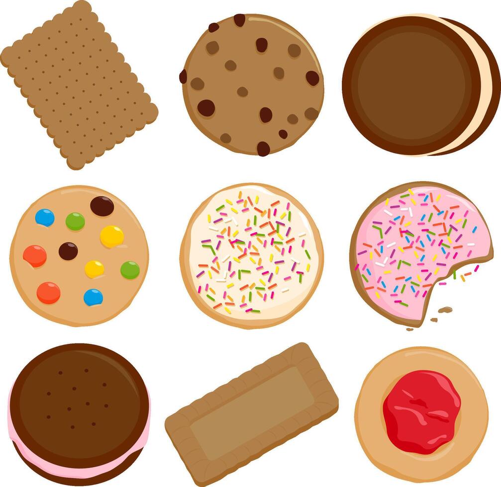 Chocolate sugar sprinkles cookie and brownie cakes. Bakery glazed biscuits for breakfast snack and tea. Sweet cookies and biscuits set on white background. vector