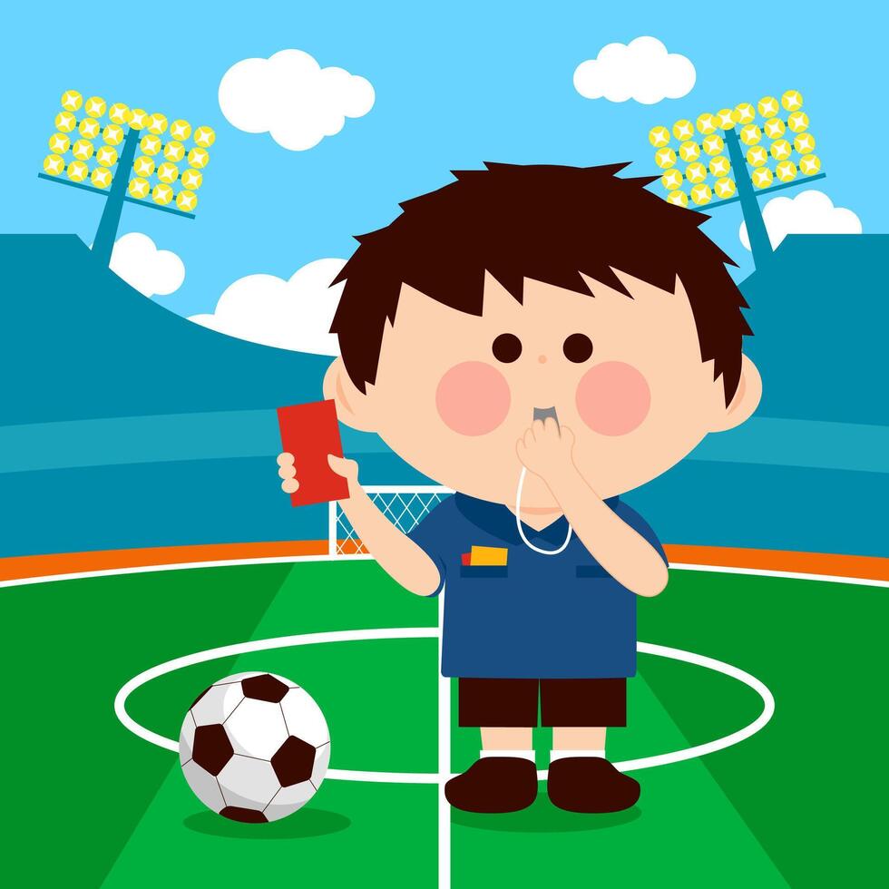 Soccer referee at a stadium blowing a whistle and showing a red card during match. Soccer team kids in a game. Children train with a ball on a grass football field. vector