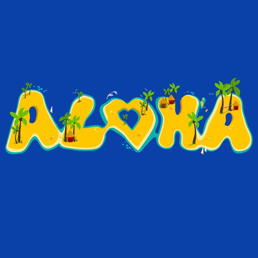 Tropical islands with coconut palm trees, fish, sailing ships and sea shells. Aloha hand lettering with exotic islands. vector