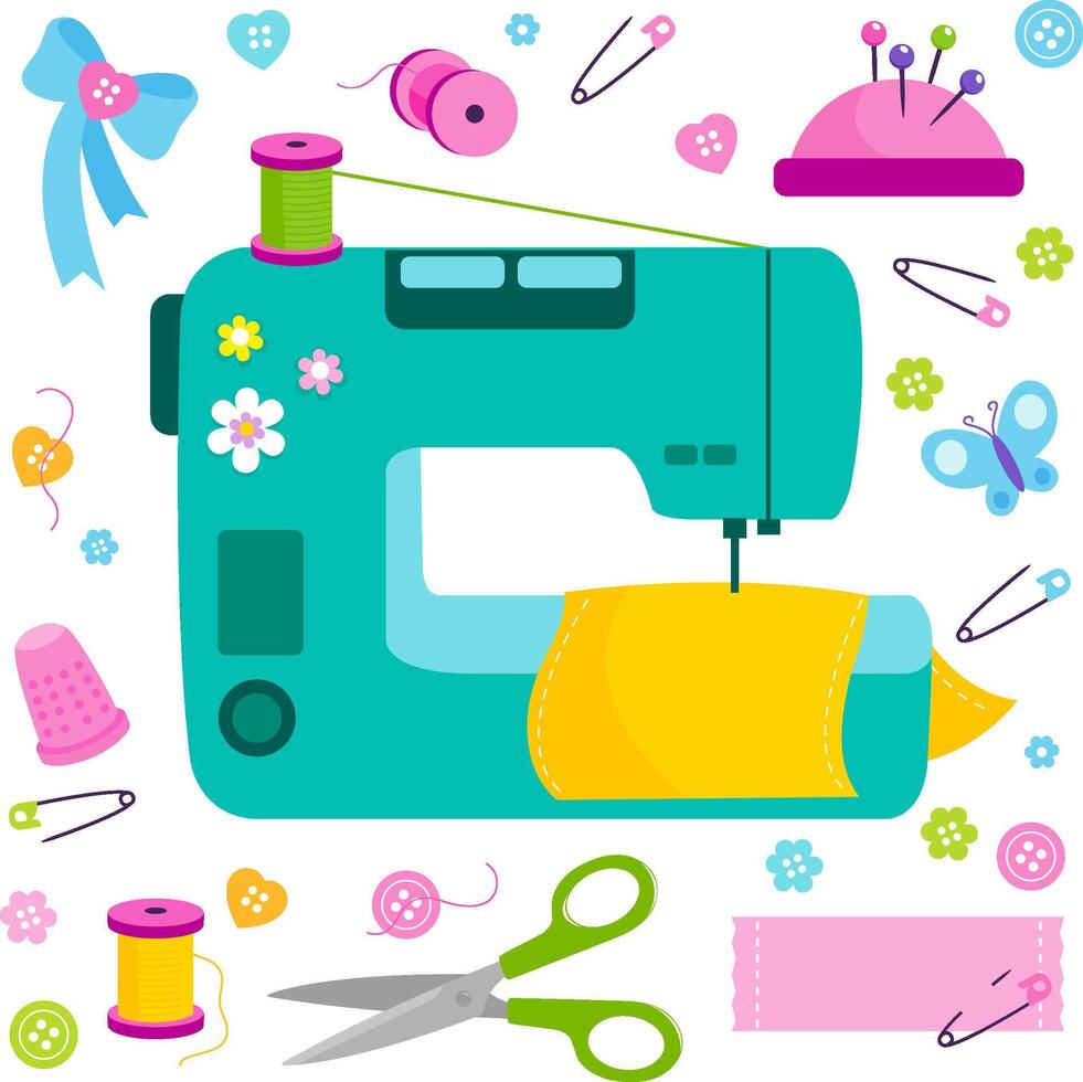 Sewing machine for fashion project, tools and equipment. Sewing tools equipment and tailor needlework accessories for crafts. vector