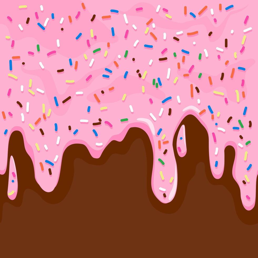 Donut glaze pastry background with pink cream frosting with colorful sprinkles melting on milk chocolate. Sweet bakery strawberry syrup melt on milk chocolate background. vector