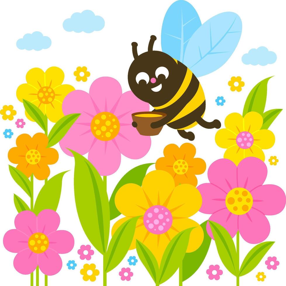 A cute bee flying around flowers in the garden in springtime. Cartoon working bee character flying and carrying a jar of honey. vector
