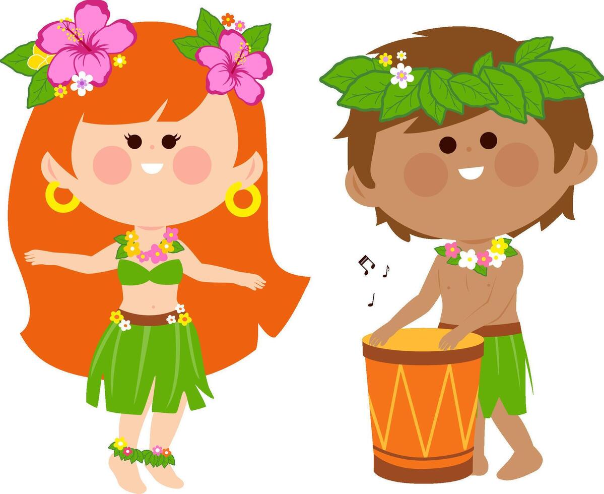Hawaiian boy playing music with his drum and a Hawaiian hula dancer girl dancing. Children on summer Hawaii island vacations at the beach. vector