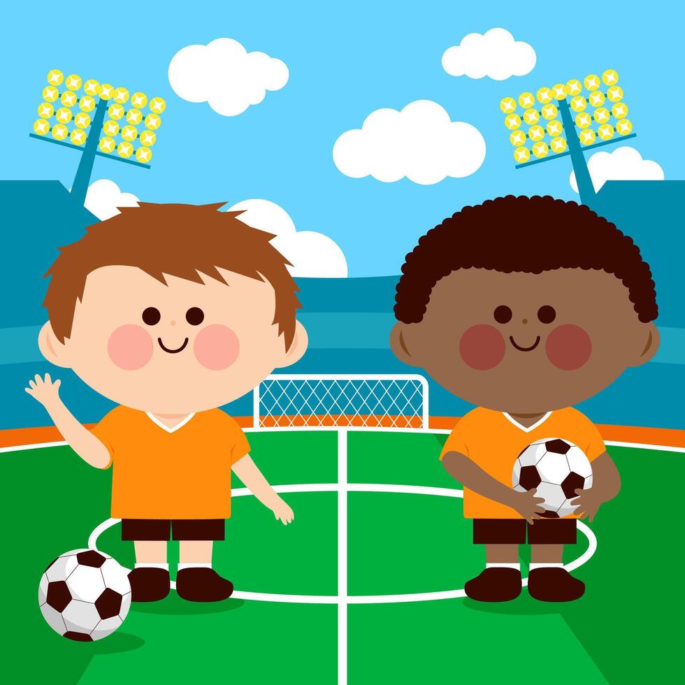 Two young children soccer players at a stadium play football. Soccer team kids in a game. Children train with a ball on a grass football field. vector