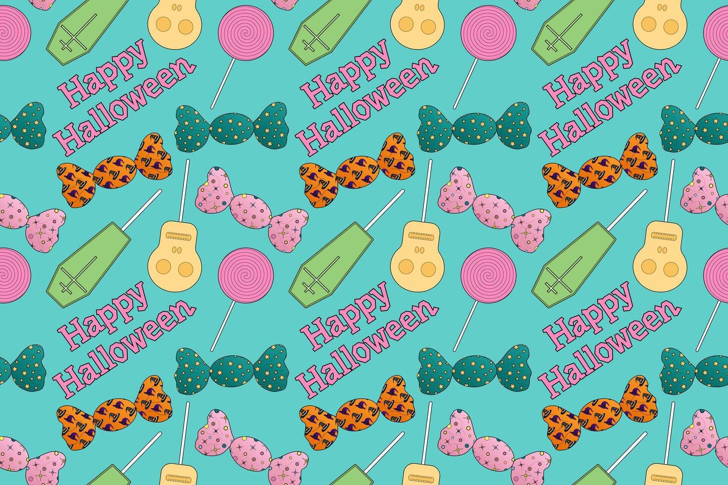 Playful Halloween candy and lollipop pattern with Happy Halloween text. Great for festive design and spooky celebrations. vector