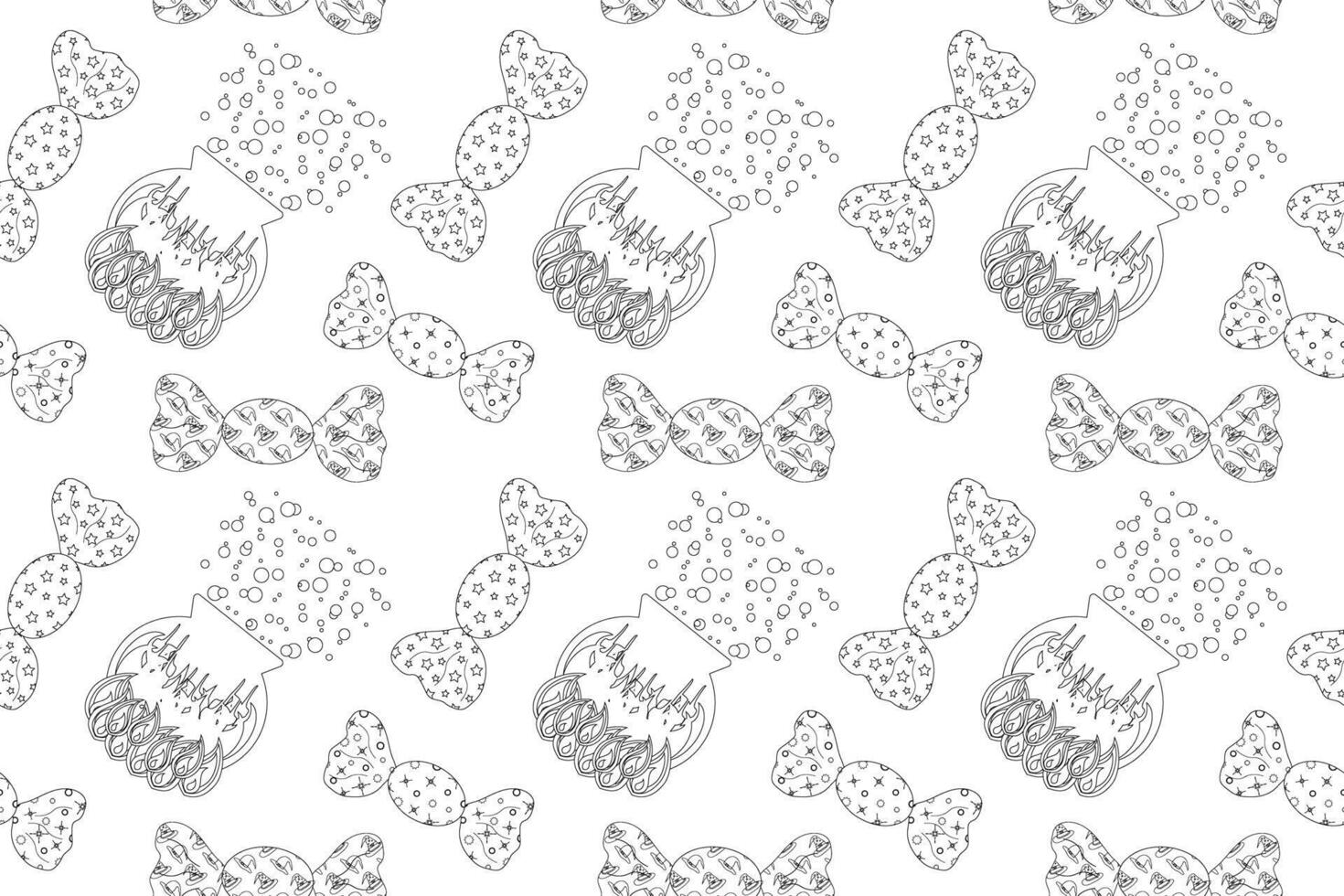 A fun Halloween-themed candy and cauldron pattern coloring page. Ideal for kids and Halloween-themed crafts. vector