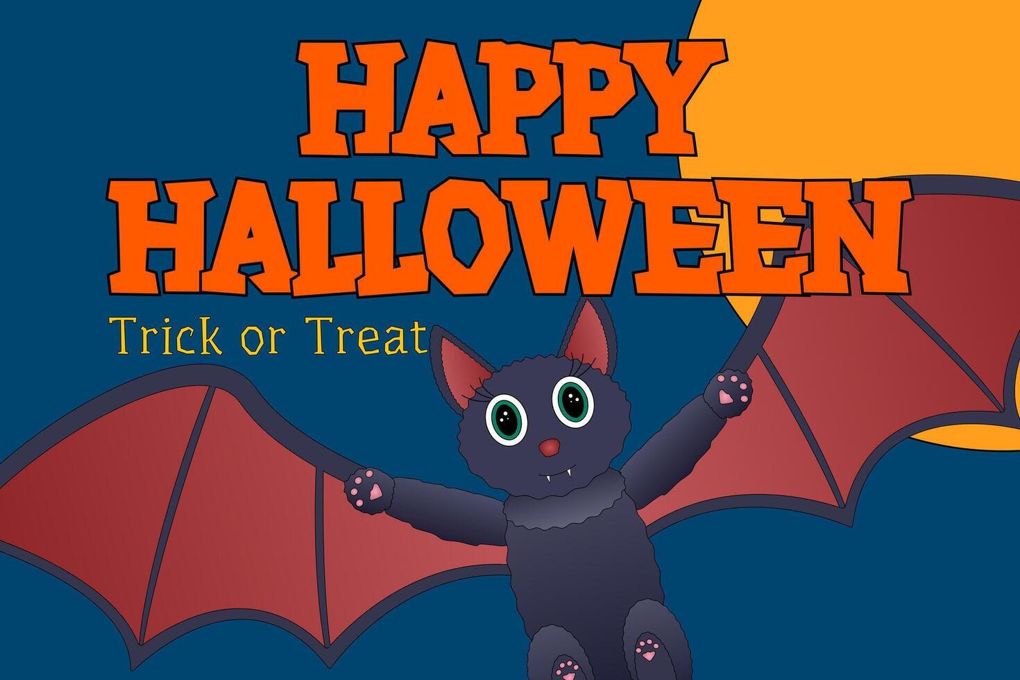 A cartoon bat with large eyes and wings spread wide, set against a moonlit sky. Perfect for Halloween cards, decorations, and festive designs. vector