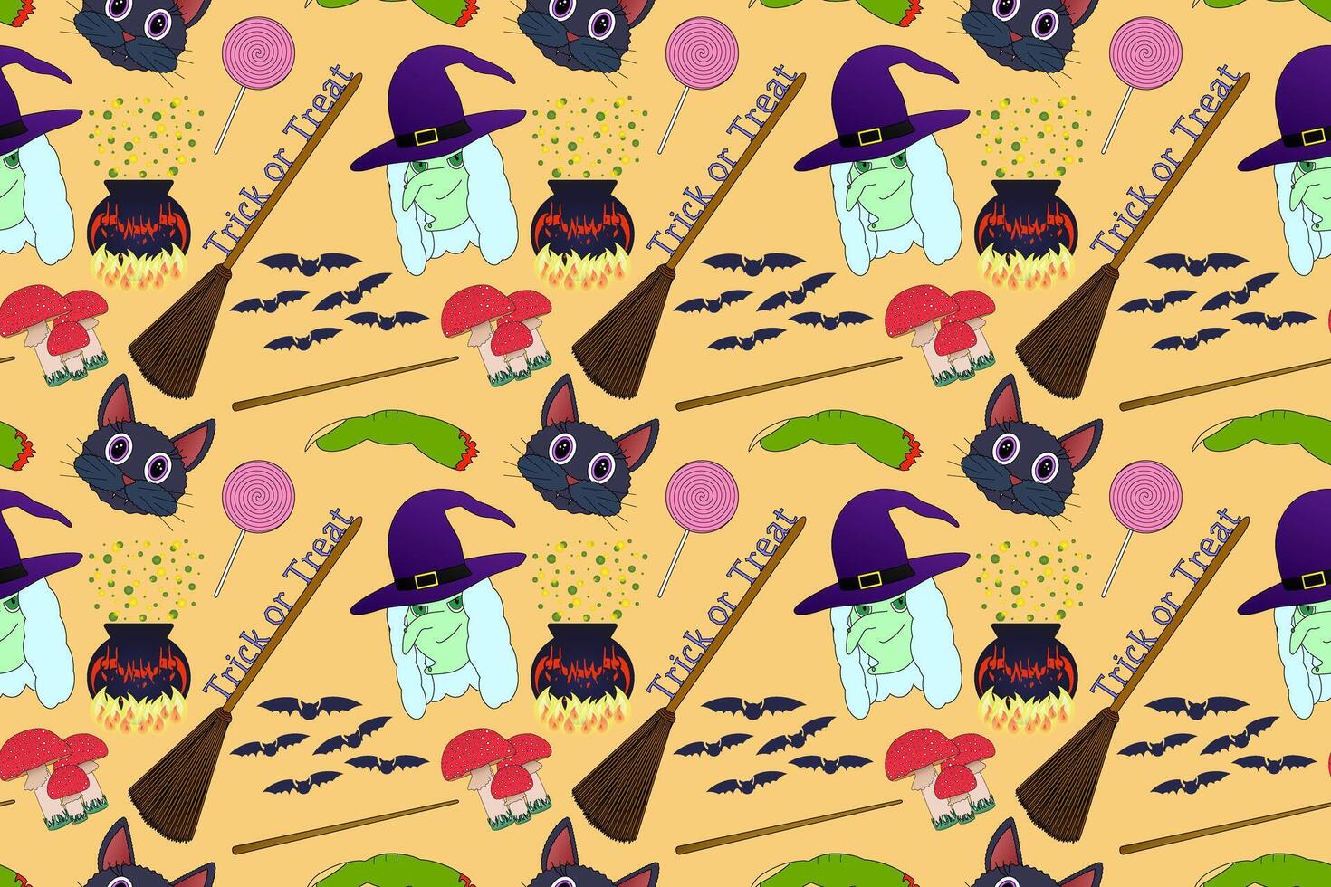 Seamless Halloween pattern featuring witches, cats, brooms, bats, and spooky elements. Perfect for festive backgrounds and themed designs. vector