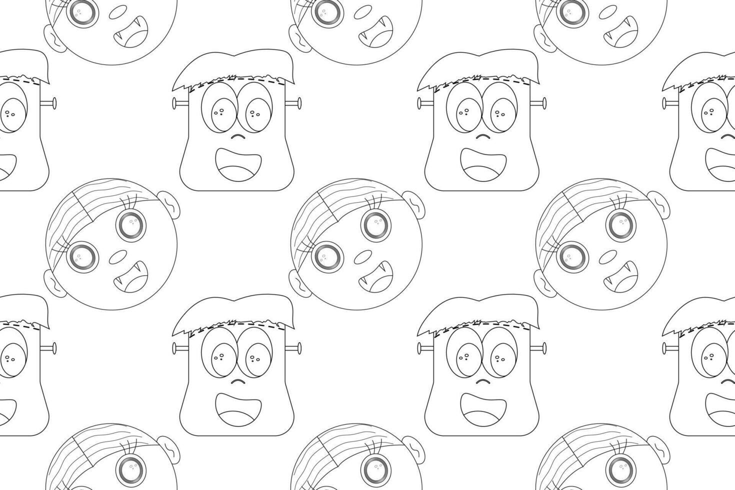 Fun and spooky Halloween coloring page featuring cartoon-style vampire and Frankenstein monster faces. Perfect for childrens activities. vector