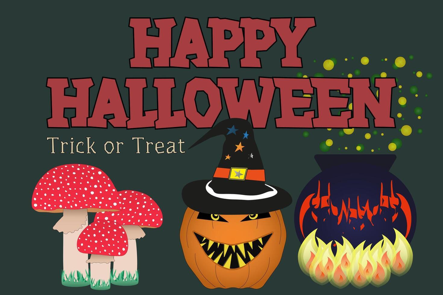 illustration featuring a spooky pumpkin in a witch hat, a cauldron, and magic mushrooms. Perfect for Halloween-themed designs. vector