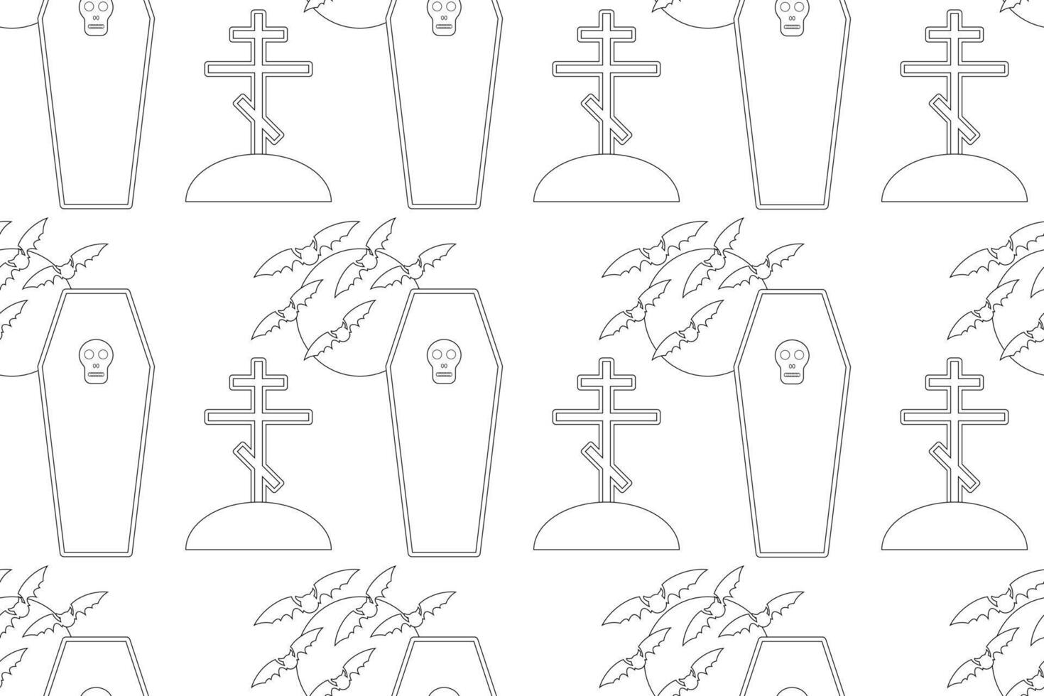 A spooky Halloween graveyard coloring page featuring bats, coffins, and crosses. Perfect for kids creative holiday projects. vector