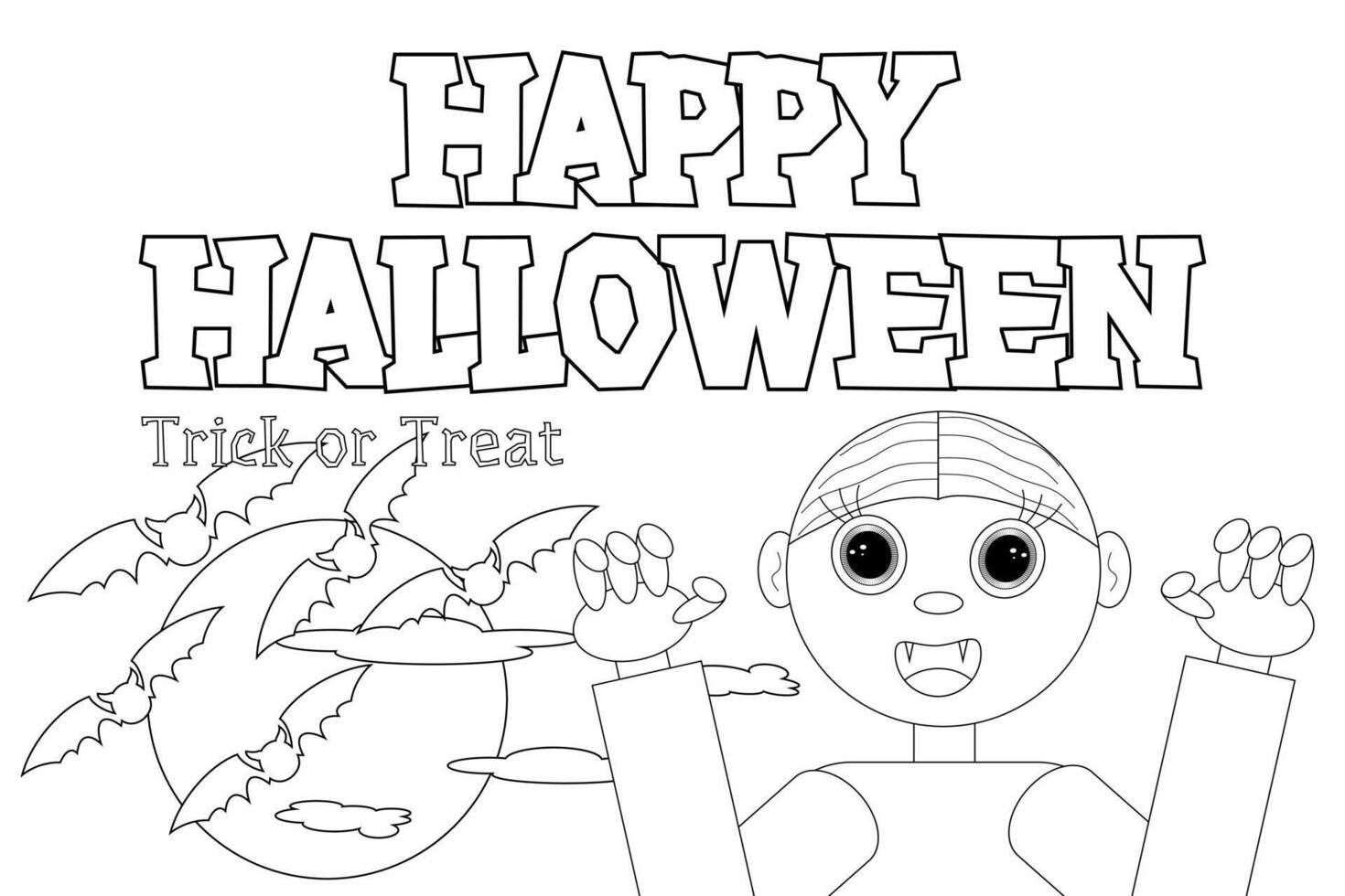 A fun and spooky Halloween coloring page featuring a cute vampire, bats, and a full moon. Perfect for kids creative activities. vector