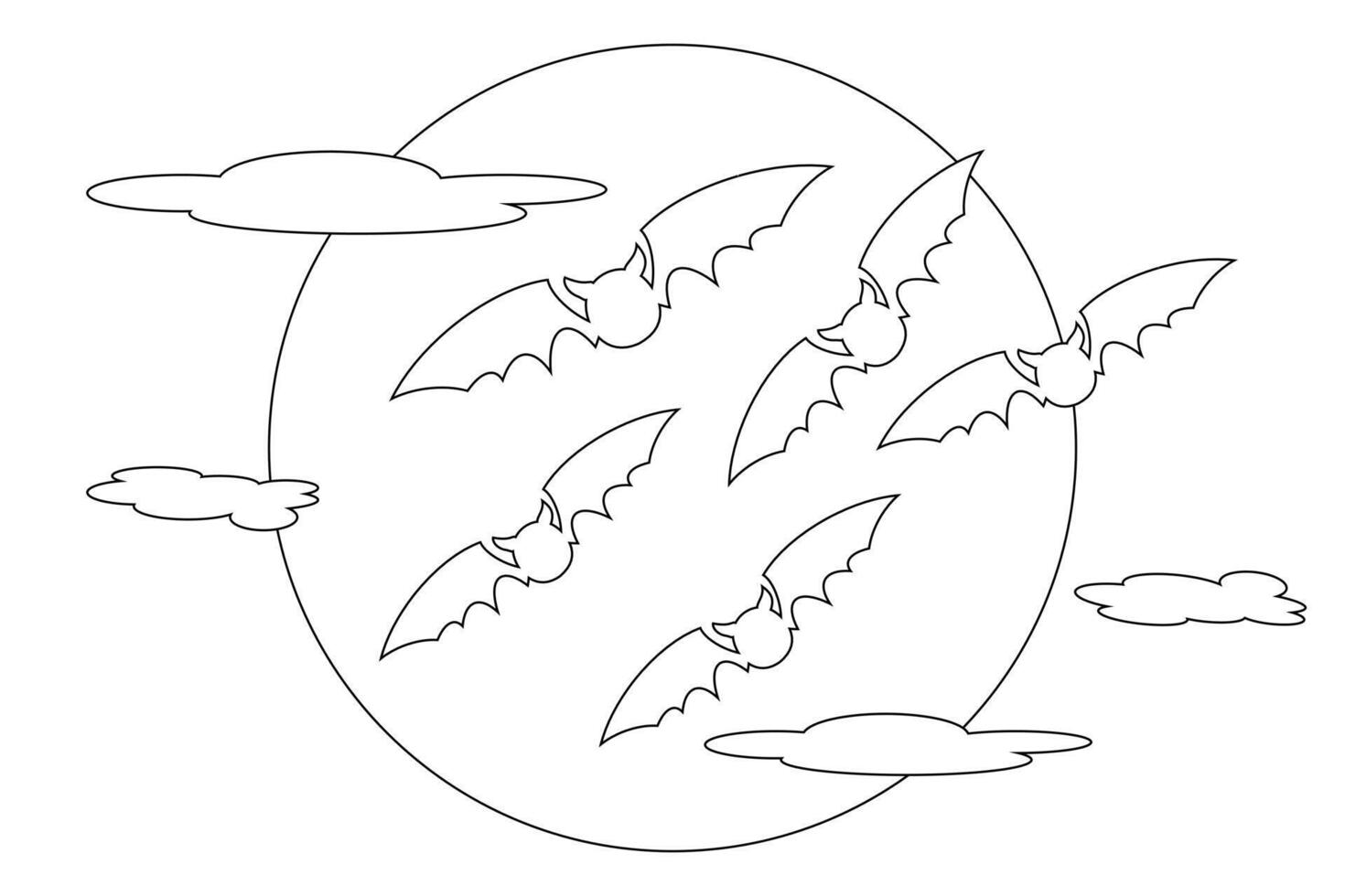 Simple Halloween-themed coloring page featuring bats flying in front of the moon. Perfect for kids activities and holiday fun. vector
