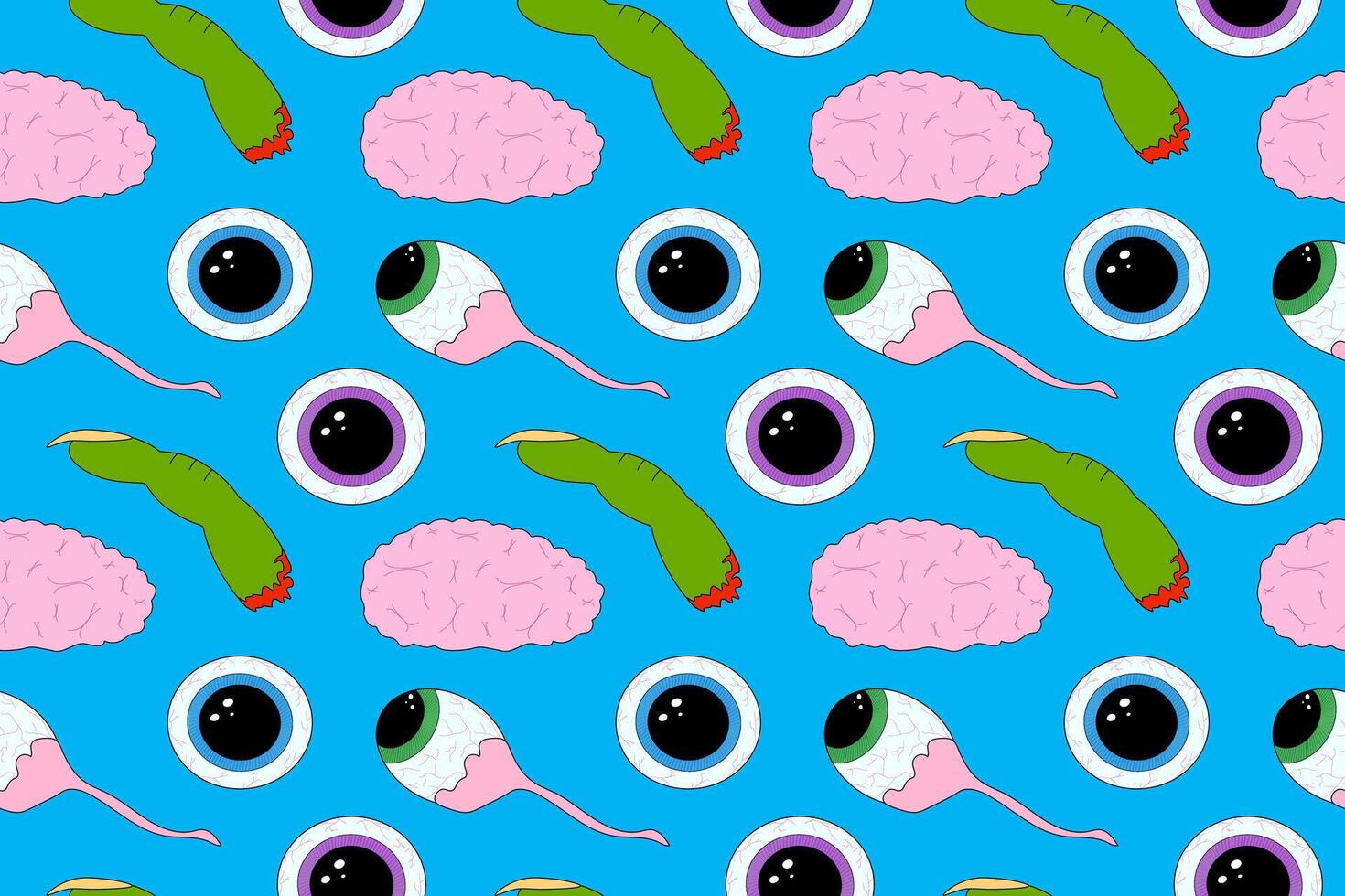 Colorful Halloween pattern featuring brains, eyeballs, and creepy fingers. Perfect for holiday designs, party decor, or textiles. vector
